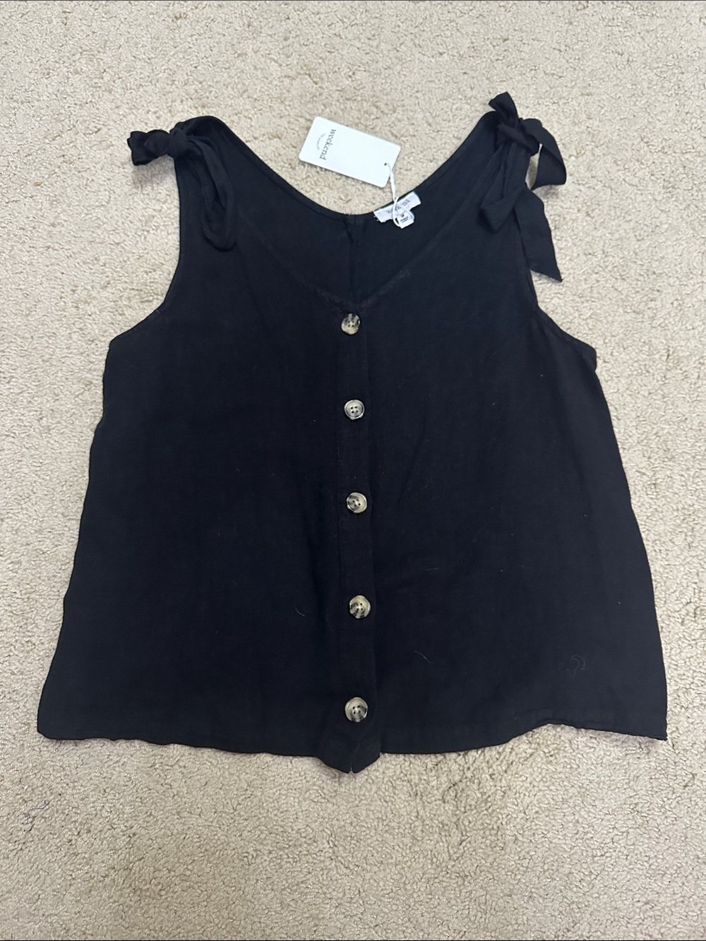 Weekend faux Tie-Shoulder Button Front Black Tank Top